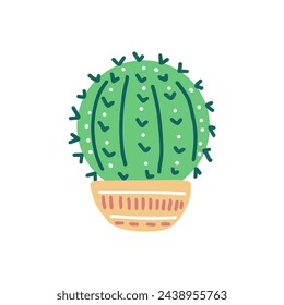 Hand-drawn vector cactus isolated on white background. Flat style illustration of spiny plant, blooming cactus, succulent plant in colorful ceramic pot. Home plant, mexico cactus flower.