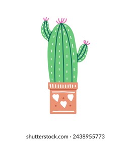Cactus vector dibujado a mano aislado sobre fondo blanco. Ilustración de estilo plano de planta espinosa, cactus floreciente, planta suculenta en olla de cerámica colorida. Planta casera, flor de cactus mexico.