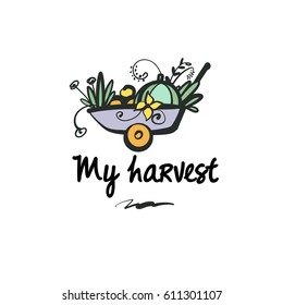 Hand-drawn vector cart  with flower, vegetable and fruit. Concept template logo with image of autumn harvest isolated on white background.