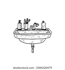 Hand-drawn vector cartoon doodle bathroom sink, faucet, and other toiletries.