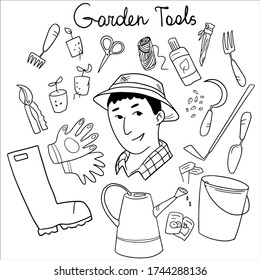 Hand-drawn vector cartoon illustration of garden tools