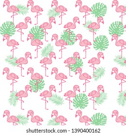 Hand-drawn vector cartoon pink flamingo and palm branches seamless pattern