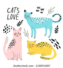 Hand-drawn vector  cats with tropical leaves.