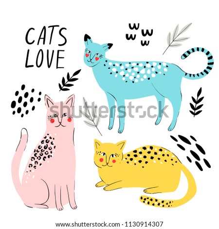 Hand-drawn vector  cats with tropical leaves.