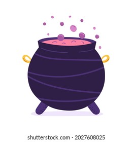 Hand-drawn vector cauldron with boiling potion. Halloween concept.