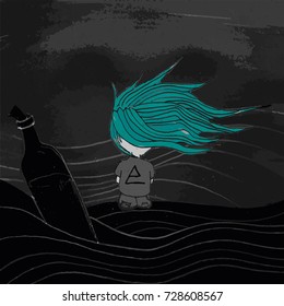 Hand-drawn Vector Character Illustration Black White Cyan With Grunge Structure