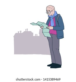 Hand-drawn vector character. Tourist reading a map.