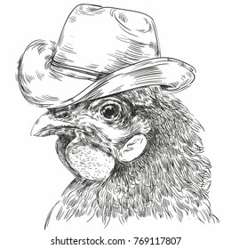 Handdrawn vector chiken head with cowboy hat