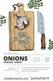 Vetor desenhado à mão de cebolas picadas, faca e tábua de corte de madeira. Ilustração de cozinha rústica para design de alimentos, embalagem, livros de receitas e conteúdo culinário.