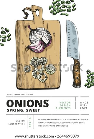 Hand-drawn vector of chopped onions, knife, and wooden cutting board. Rustic kitchen illustration for food design, packaging, cookbooks, and culinary content.