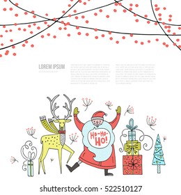 Handdrawn vector Christmas card with Santa, deer, tree and presents. Place for your text.