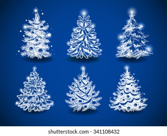 Hand-drawn vector christmas trees on blue background