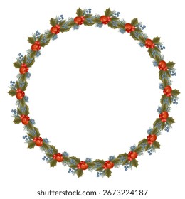 A hand-drawn vector Christmas wreath with red and blue berries, holly leaves, and fir branches. Perfect for holiday cards, invitations, and festive designs