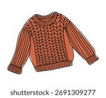 Hand-drawn vector of a chunky terracotta knit sweater with chevron pattern and ribbed sleeves. Minimalist style, clean black outlines, simple cozy fashion illustration on white background