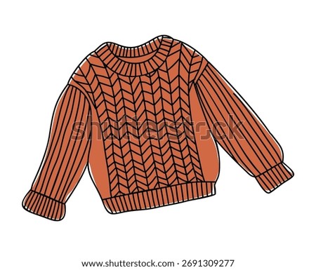 Hand-drawn vector of a chunky terracotta knit sweater with chevron pattern and ribbed sleeves. Minimalist style, clean black outlines, simple cozy fashion illustration on white background