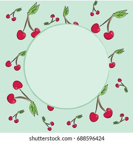 hand-drawn vector circle doodle card with cherries
green color, circle