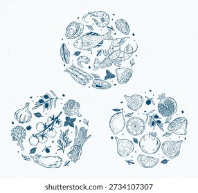 Hand-drawn vector circular compositions inspired by Mediterranean food, featuring seafood, fruits, and vegetables. Perfect for packaging, labels, menus, branding, and restaurant design