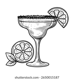 Vetor desenhado à mão de uma margarita clássica com borda salgada, enfeite cítrico, cal e folha. Elegante arte de linha em preto-e-branco perfeita para menus, embalagens, marcas e editoriais.