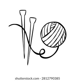 Hand-drawn vector clip art of knitting needles with ball of wool yarn. Line illustration of knitwork essentials isolated on a white background. Outline drawing for logo, print design, web, or poster.