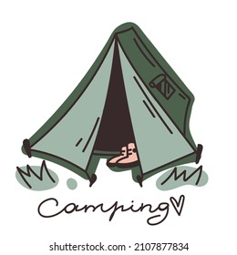 Hand-drawn vector clip-art of a camp tent. Doodle tent icon. Camping handwritten word. Isolated element on white background.