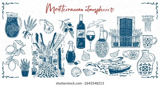 A hand-drawn vector collection capturing the Mediterranean vibe. Includes icons of seafood, cheese, vegetables, wine, plus coastal elements like streets, balconies with lemons, and boats