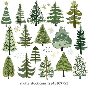 Colección vectorial hecha a mano de árboles de Navidad, adornada con adornos festivos, estrellas, copos de nieve. Afiche navideño con símbolos navideños. Perfecto para web, banner, tarjeta. Vector.