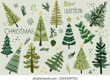 Hand-drawn vector collection of Christmas trees, adorned with festive ornaments, stars, snowflakes. Holiday poster featuring Christmas symbols. Perfect for web, banner, card. Vector.