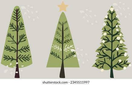 Hand-drawn vector collection of Christmas trees, adorned with festive ornaments, stars, snowflakes. Holiday poster featuring Christmas symbols. Perfect for web, banner, card. Vector