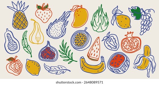 Hand-drawn vector collection of colorful tropical fruits banana, pineapple, strawberry, fig, pomegranate, lemon, mango, watermelon, dragon fruit, passion fruit, grape, pear. Decorative food icons