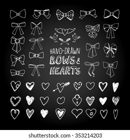 Hand-drawn vector collection of different cute white bows and hearts  designed for Valentine's Day, birthday or another holiday.  Set for personalized gifts on the blackboard