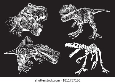 Hand-drawn vector collection of dinosaurs isolated on black background, chalkboard illustration for printing and design