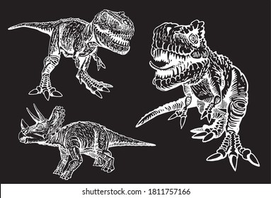 Hand-drawn vector collection of dinosaurs isolated on black background, chalkboard illustration for printing and design