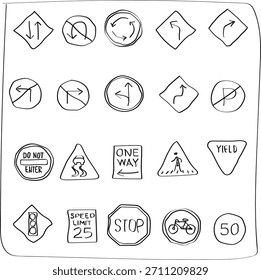 Coleção vetorial desenhada à mão de sinais de trânsito essenciais, incluindo Stop, Yield, Speed Limit 25, One Way, e No Parking, apresentando um estilo de linha-art limpo e esboçado em um fundo branco.