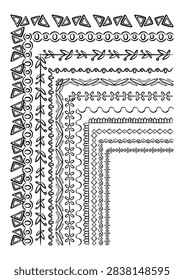 Hand-drawn vector collection features nested triangular patterns and floral traditional doodle corner borders. Perfect for page layout framing assets, certificate diploma border designs, and book cover typography decoration in creative publishing industries.