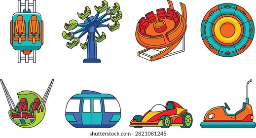 Hand-drawn vector collection featuring carnival thrill rides, a spinning swing attraction, gondola cabin, go-kart, bumper car, and circular rides. Ideal for amusement park maps, brochures, tickets, mobile apps, signage, and promotional materials.