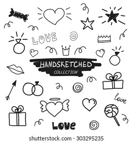 Handdrawn vector collection has romantic elements. Decor design wedding invitations, greeting cards, invitation cards. Doodle love illustration.