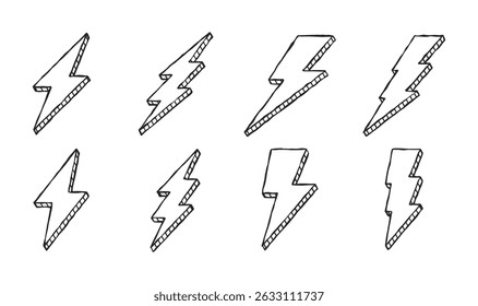 Hand-drawn vector collection of lightning bolts and electric power illustration. Abstract symbol for flash, lightning, thunderbolt, energy, and electricity in flat style