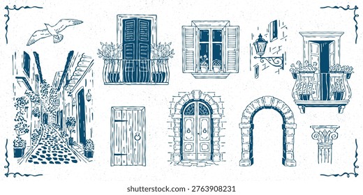 Hand-drawn vector collection of Mediterranean architecture with balconies, windows, doors, arches, narrow streets, and street lamps. Ideal for travel, city, and vintage design