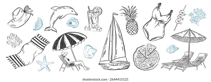 Hand-drawn vector collection of summer vacation elements inspired by the Italian coast. Includes beachwear, cocktails, yachts, and tropical fruits. Perfect for picnic invites, sea party