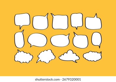 Una colección de Vector dibujada a mano de varias burbujas de discurso blancas sobre un fondo amarillo, perfecto para cómics, redes sociales y temas de comunicación