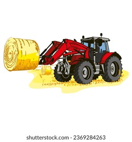 Hand-drawn, vector, color, illustration, tractor, MF6700, agriculture, village, cultivation, field, wheat
