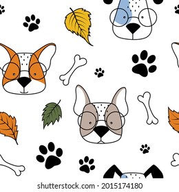 Hand-drawn vector color seamless childish simple pattern. Dog cute faces with glasses, bones, paws, autumn leaves and bowls on a white background. Trendy Scandinavian vector background. Cute animals.