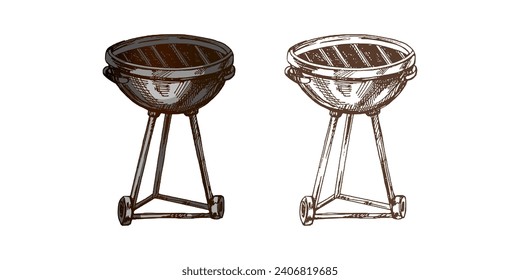 Hand-drawn vector colored and monochrome sketch of Barbecue grill and firewood on white background. Doodle vintage illustration. Decorations for the menu of cafes and labels. 