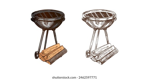 Hand-drawn vector colored and monochrome sketch of Barbecue grill and firewood on white background. Doodle vintage illustration. Decorations for the menu of cafes and labels. Engraved image.