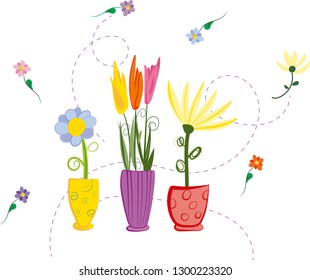 Hand-drawn vector colorful spring flowers in vases isolated on white background,