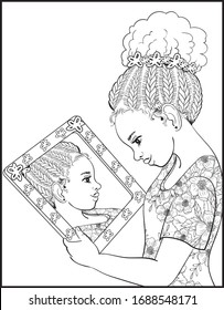 
Hand-drawn Vector Coloring Page For Adults And Children.
Beautiful African American Girl Looking In The Mirror.