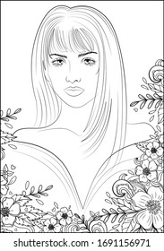 
Hand-drawn vector coloring page for adults with beautiful girl and flowers. 
