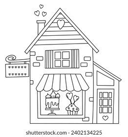 Hand-Drawn Vector Coloring Page Features A Cute Candy Shop House With Cakes On Display, Perfect For A Sweet Doodle Set Or Stress-Relief Coloring Book