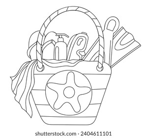 Hand-Drawn Vector Coloring Page Features A Summer Theme With A Beach Bag, Flippers, Diving Mask, Beach Slippers, Perfect For Summer Relaxation And Serves As A Coloring Book