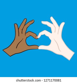 Hand-drawn vector comic hands of a fair-skinned woman and a dark-skinned woman forming a heart and symbolizing love. White, red, blue, purple, heart, isolated graphic.